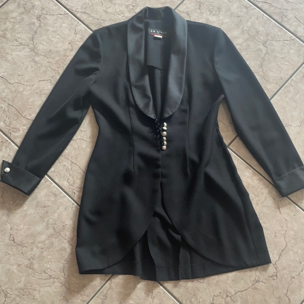 Ladies black tuxedo jacket. Satin collar and cuff, pearl buttons. Size 8